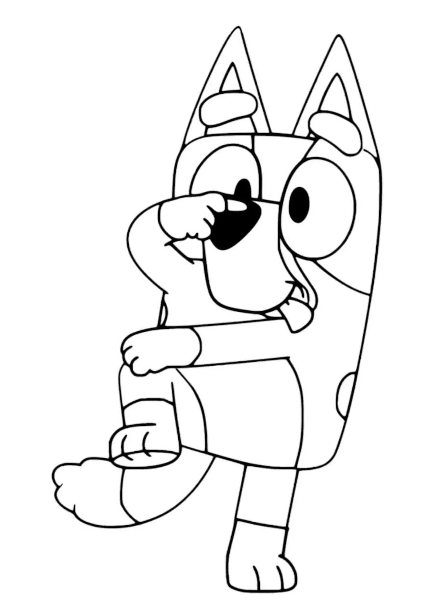 Desenho de contorno da Bluey equilibrada em uma pata, com um dedo no nariz e a língua para fora, fazendo uma careta.
