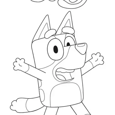 Desenho de contorno da personagem Bluey com os braços abertos e expressão de felicidade, com o logotipo da série acima.