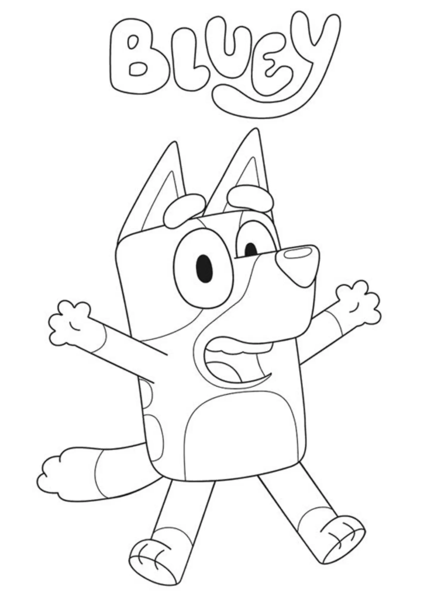 Desenho de contorno da personagem Bluey com os braços abertos e expressão de felicidade, com o logotipo da série acima.