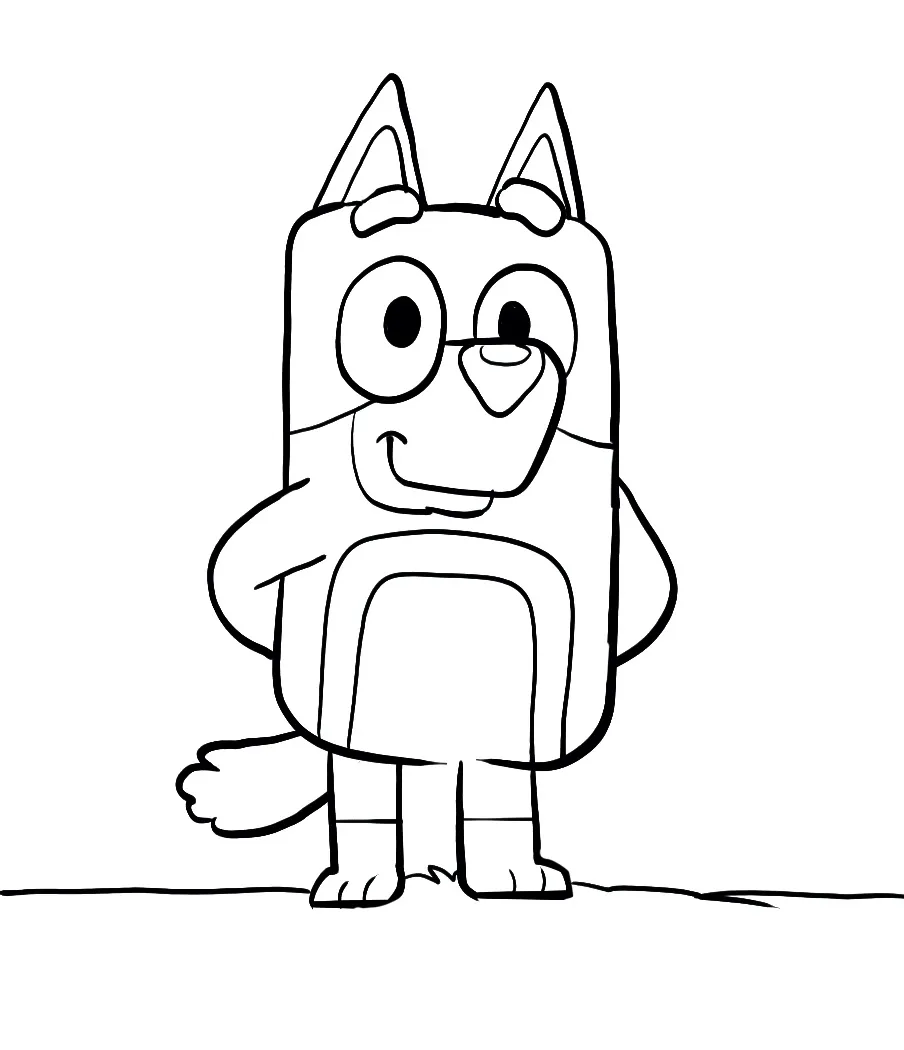 Desenho de contorno da personagem Bluey em pé, sorrindo com as mãos para trás em um fundo limpo.