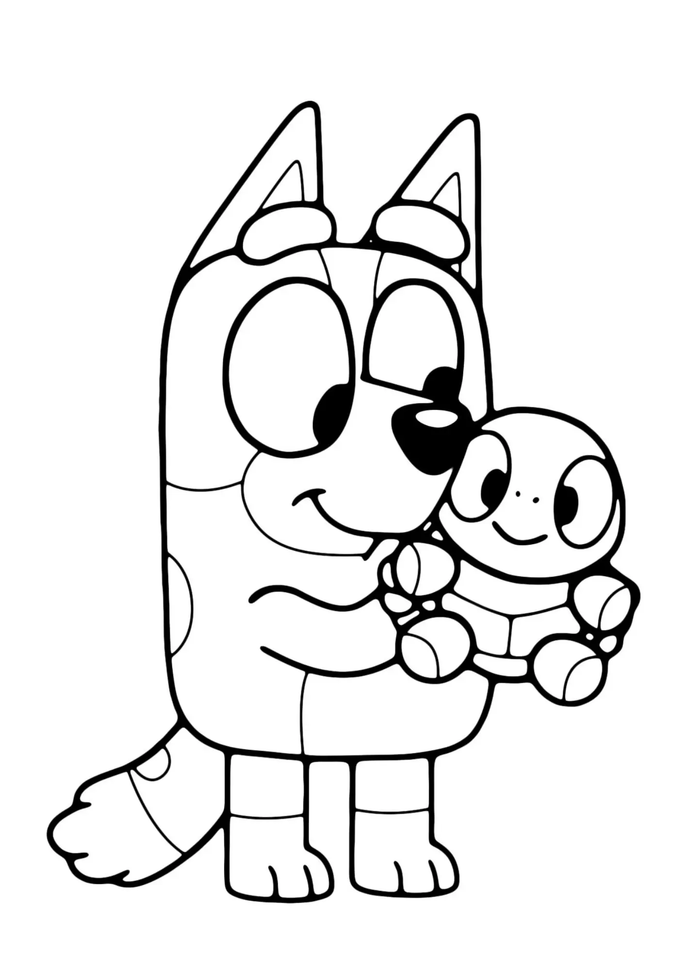 Desenho de contorno da Bluey sorrindo e segurando uma pequena tartaruga com as duas mãos, mostrando as manchas típicas da personagem.