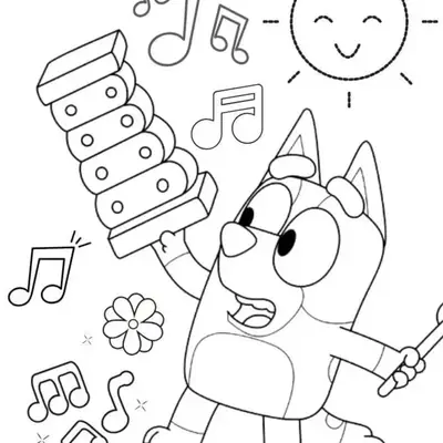 Melodia e Diversão: Bluey e o Xilofone Mágico para Colorir