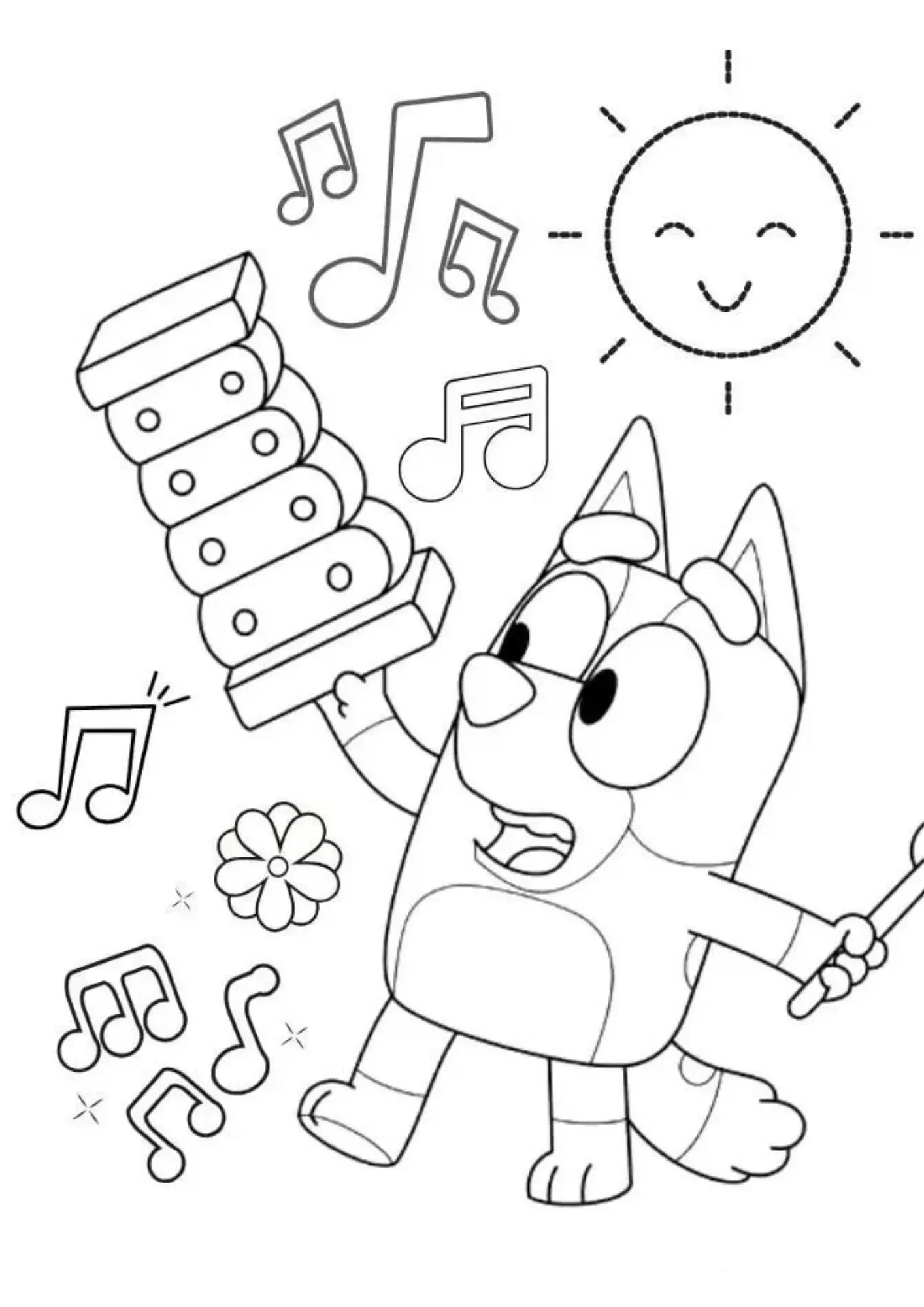 Desenho de contorno da Bluey segurando um xilofone e uma baqueta, cercada por notas musicais, uma flor e um sol sorridente.