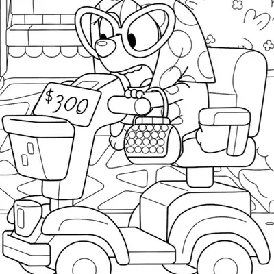 Desenho de contorno da Bluey usando óculos grandes, um lenço de bolinhas na cabeça e dirigindo uma scooter elétrica de brinquedo com uma placa de 300 dólares.