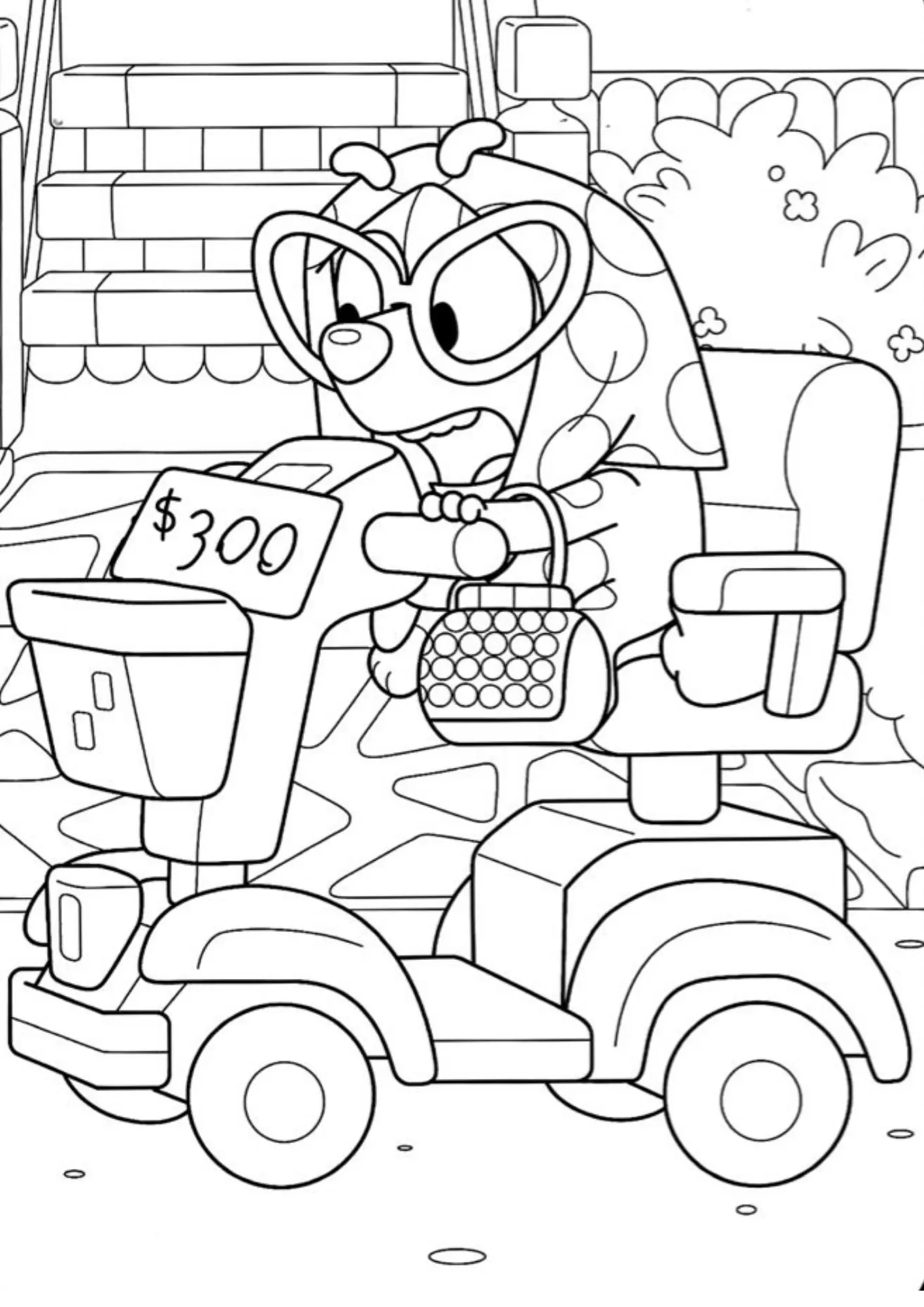 Desenho de contorno da Bluey usando óculos grandes, um lenço de bolinhas na cabeça e dirigindo uma scooter elétrica de brinquedo com uma placa de 300 dólares.