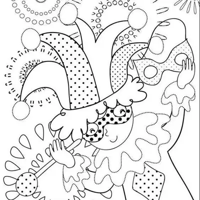 Desenho de contorno e pontilhado de um bobo da corte segurando um bastão e uma máscara, com fogos de artifício estilizados ao fundo.