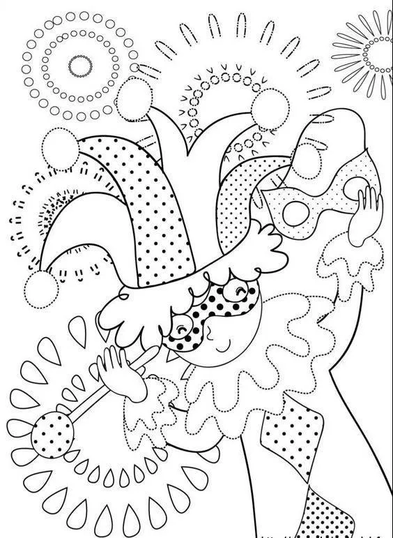 Desenho de contorno e pontilhado de um bobo da corte segurando um bastão e uma máscara, com fogos de artifício estilizados ao fundo.