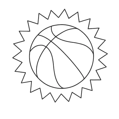 Desenho de contorno de uma bola de basquete centralizada dentro de um círculo com bordas pontiagudas em zigue-zague, representando brilho.