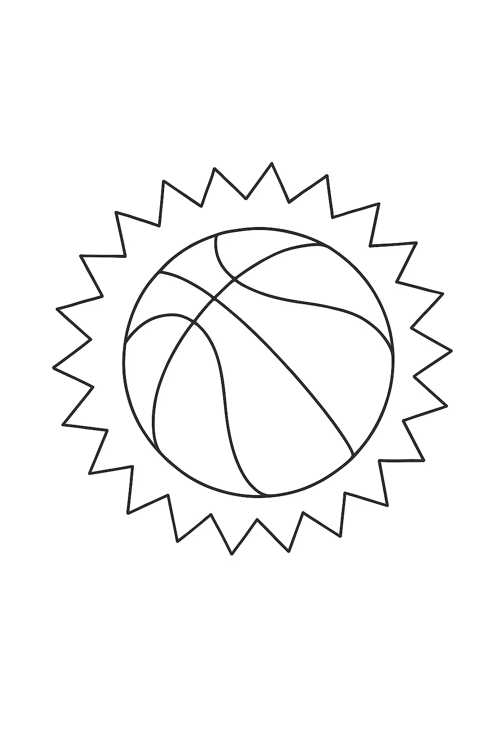 Desenho de contorno de uma bola de basquete centralizada dentro de um círculo com bordas pontiagudas em zigue-zague, representando brilho.