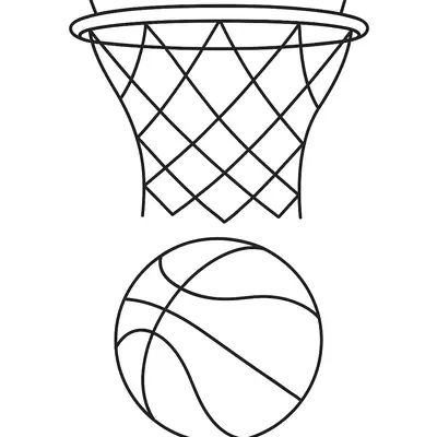 Desenho de contorno de uma bola de basquete redonda abaixo de um aro de basquete com rede em formato de losangos.