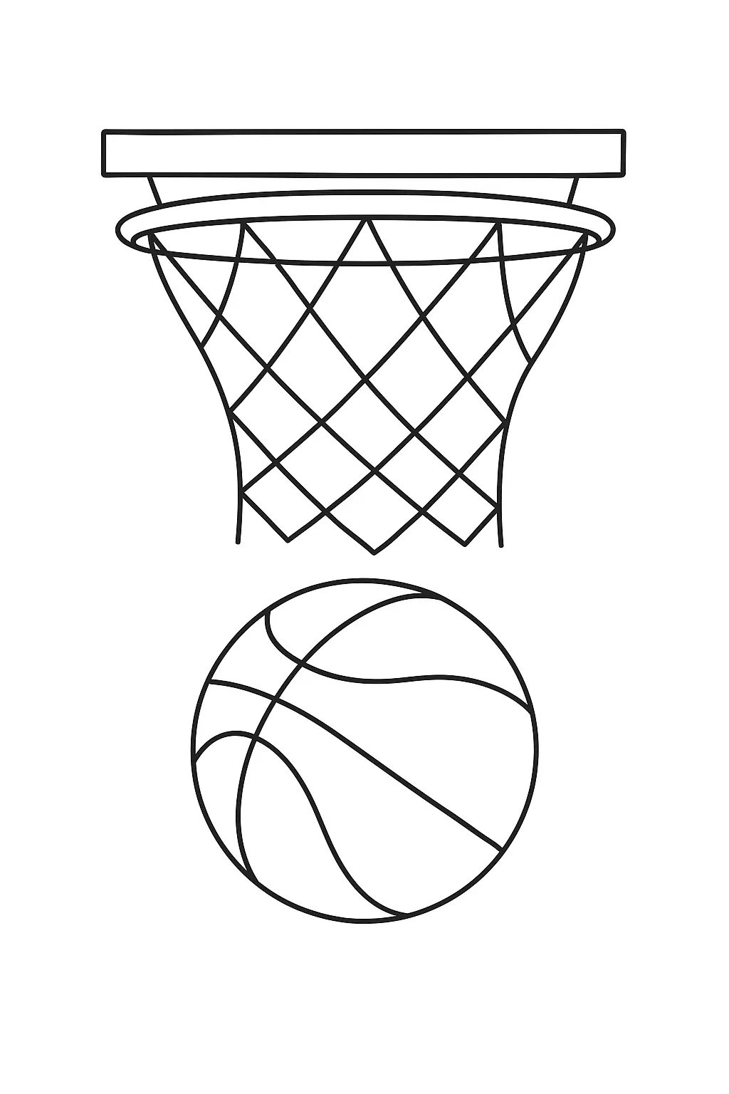 Desenho de contorno de uma bola de basquete redonda abaixo de um aro de basquete com rede em formato de losangos.
