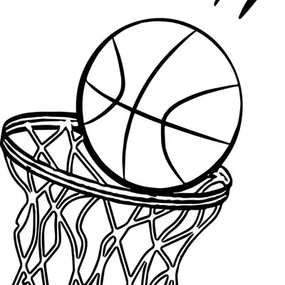 Desenho de contorno de uma bola de basquete caindo dentro de um aro com rede, com linhas de movimento indicando a trajetória.