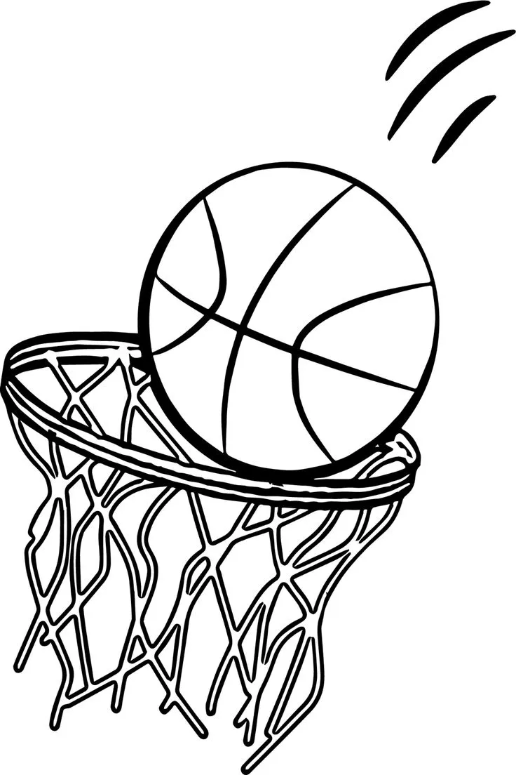 Desenho de contorno de uma bola de basquete caindo dentro de um aro com rede, com linhas de movimento indicando a trajetória.