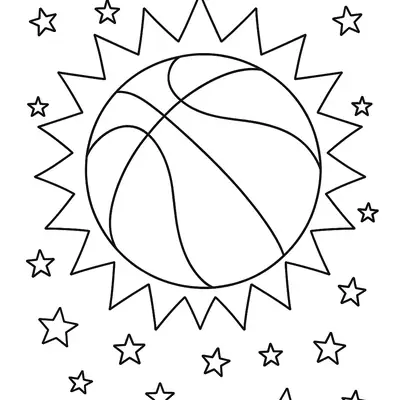Desenho de contorno de uma bola de basquete centralizada em uma moldura de brilho em zigue-zague, rodeada por várias estrelas de cinco pontas.