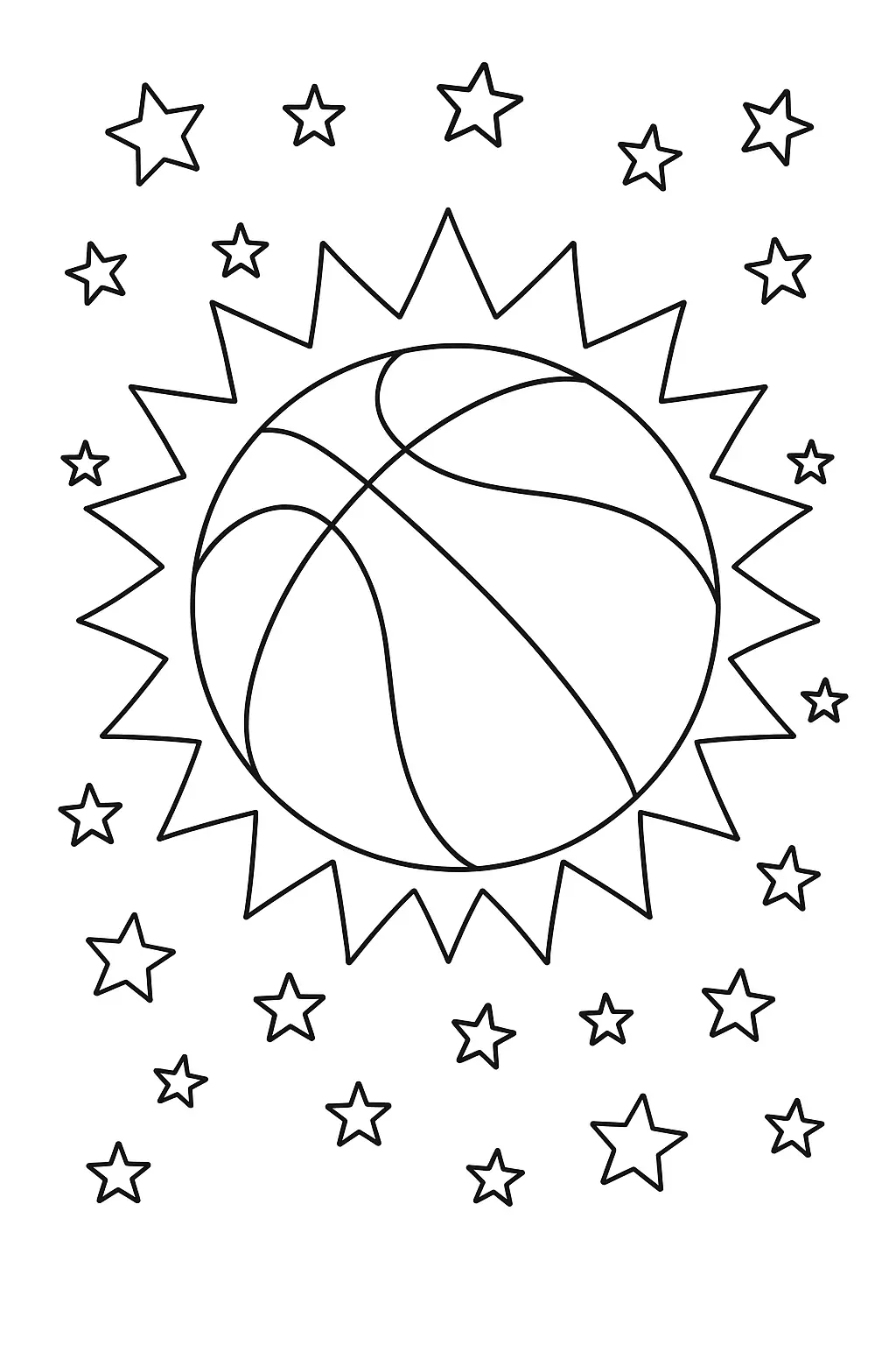 Desenho de contorno de uma bola de basquete centralizada em uma moldura de brilho em zigue-zague, rodeada por várias estrelas de cinco pontas.
