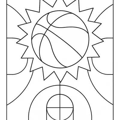 Desenho de contorno de uma bola de basquete com efeito de brilho ao redor, sobreposta às linhas de marcação de uma quadra de basquete.