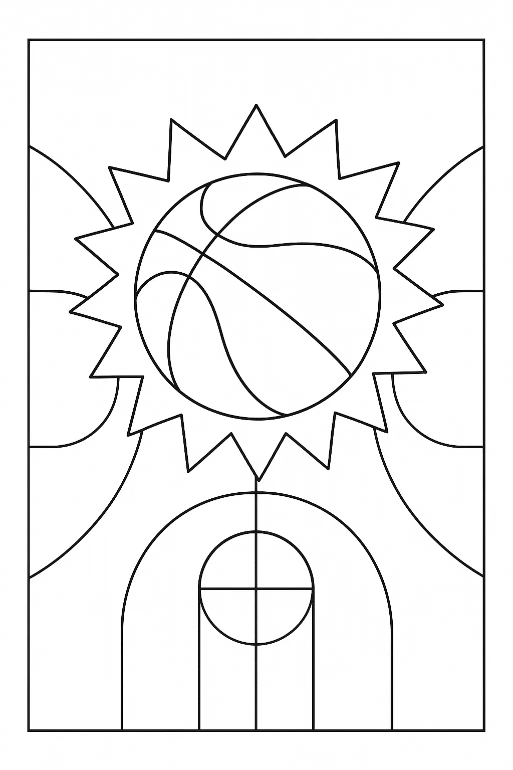 Desenho de contorno de uma bola de basquete com efeito de brilho ao redor, sobreposta às linhas de marcação de uma quadra de basquete.