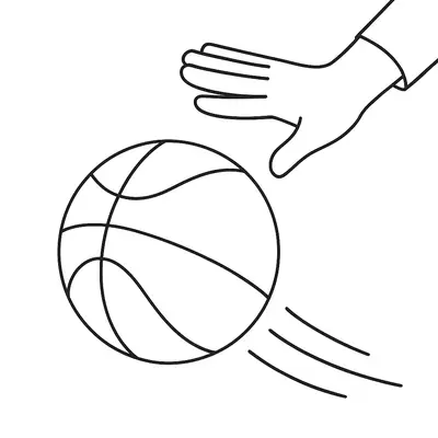 Desenho de contorno de uma mão fazendo o movimento de drible em uma bola de basquete, com linhas de rastro indicando que ela está subindo.