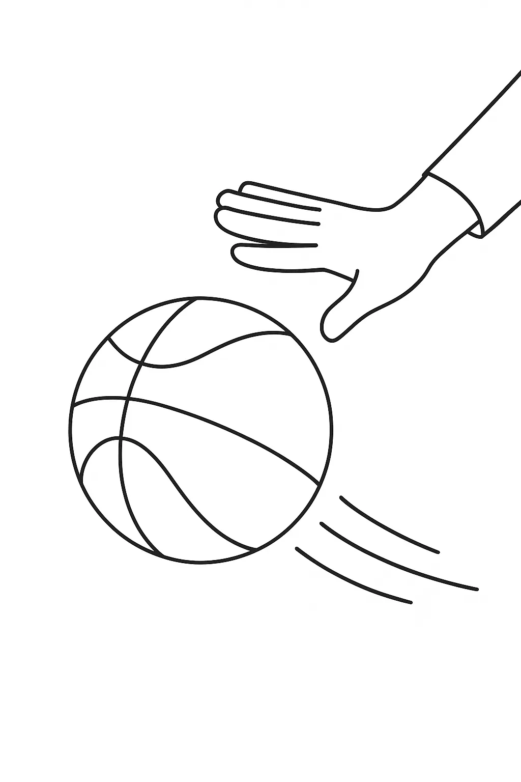 Desenho de contorno de uma mão fazendo o movimento de drible em uma bola de basquete, com linhas de rastro indicando que ela está subindo.