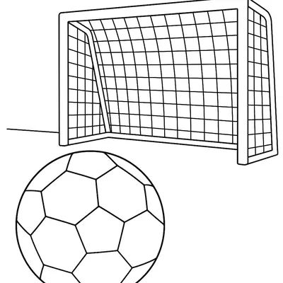 Desenho de contorno de uma bola de futebol grande em primeiro plano e uma trave de gol com rede ao fundo.
