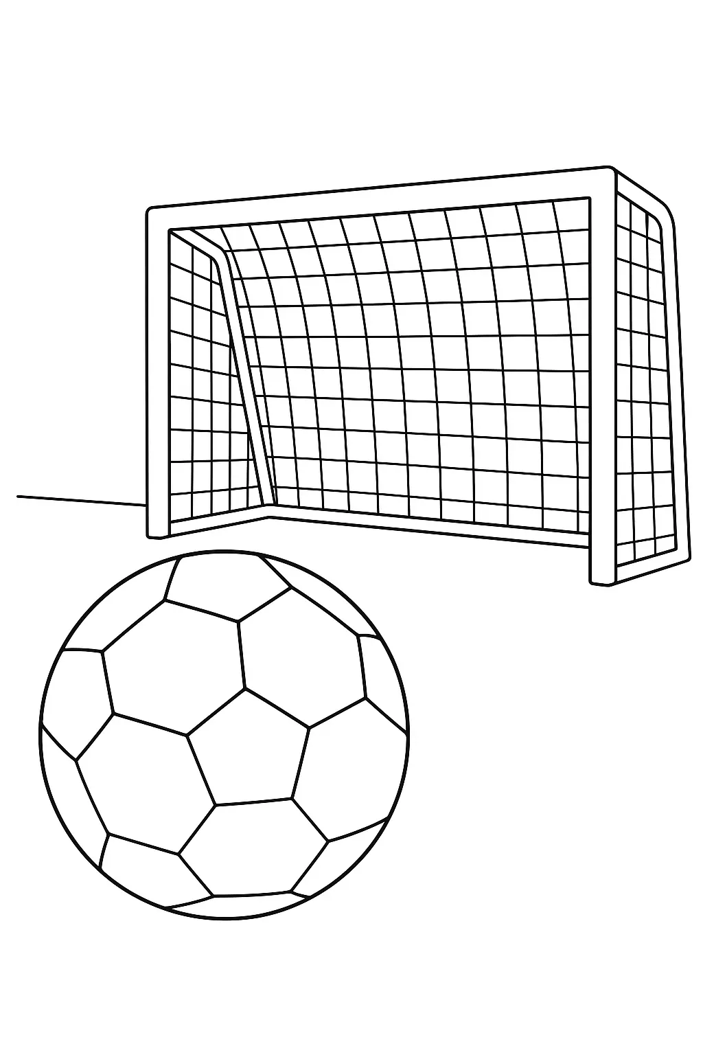 Desenho de contorno de uma bola de futebol grande em primeiro plano e uma trave de gol com rede ao fundo.
