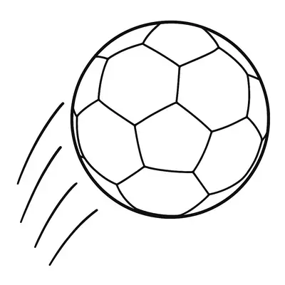 Desenho de contorno de uma bola de futebol voando, com linhas de rastro de movimento na lateral esquerda, em estilo preto e branco.