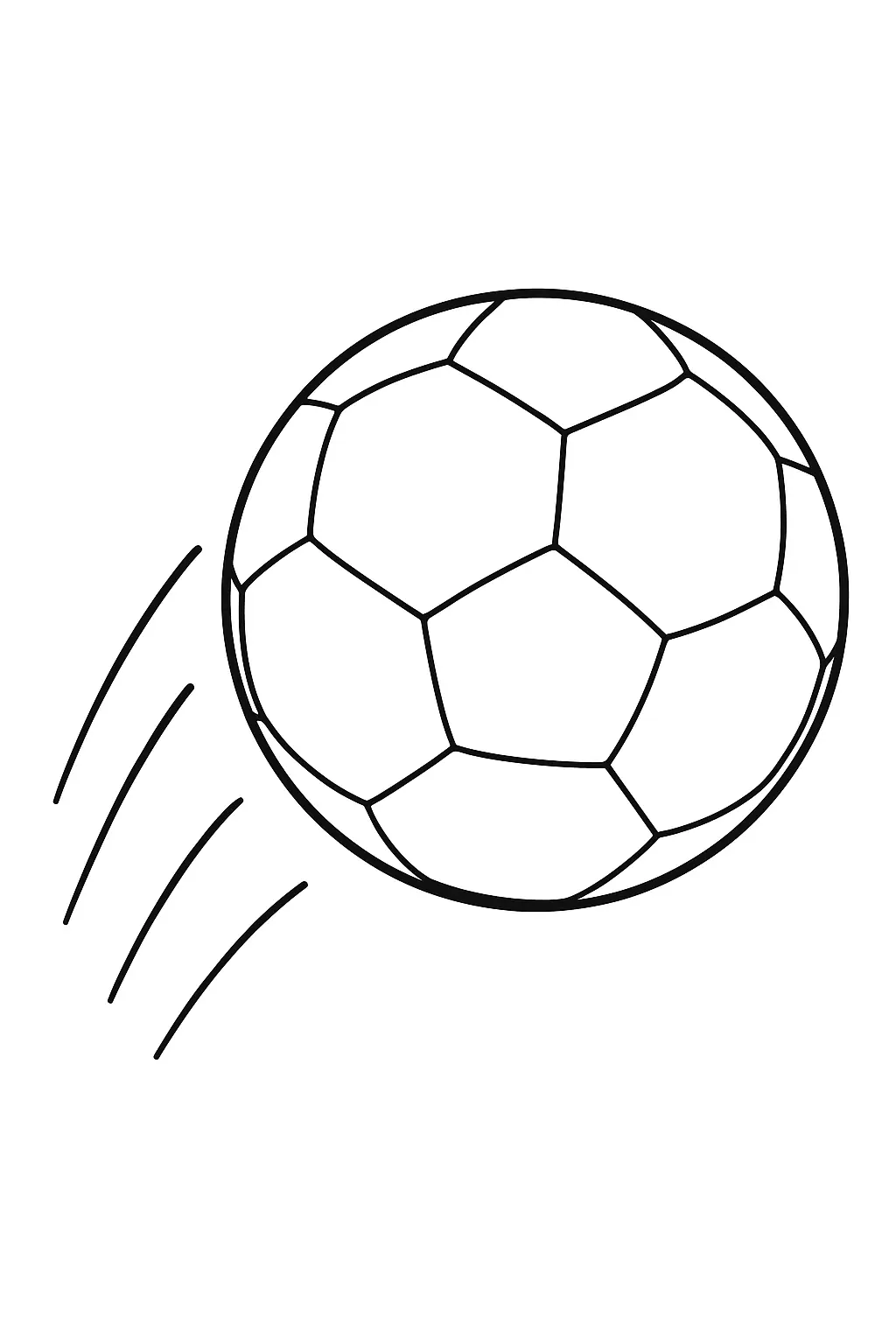 Desenho de contorno de uma bola de futebol voando, com linhas de rastro de movimento na lateral esquerda, em estilo preto e branco.