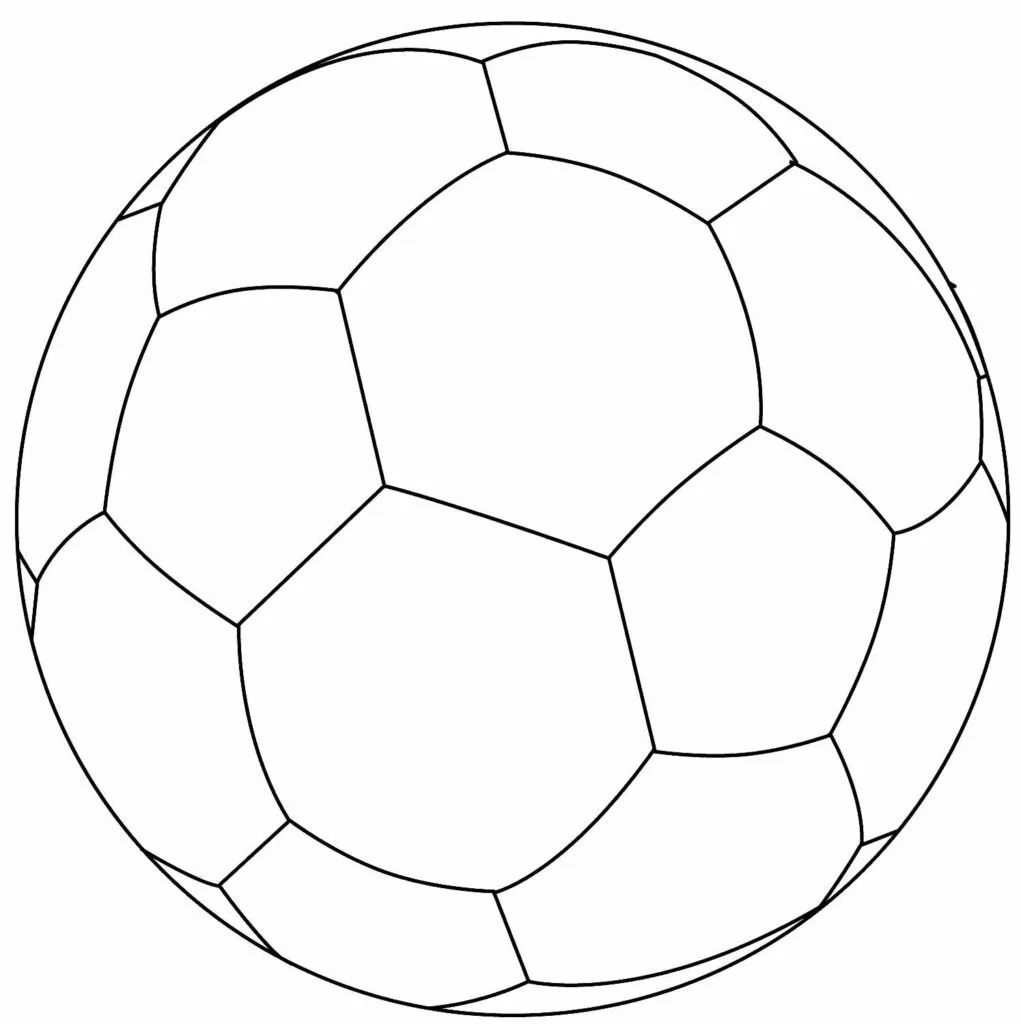 Desenho de contorno de uma bola de futebol redonda com padrão de gomos hexagonais e pentagonais em preto e branco.