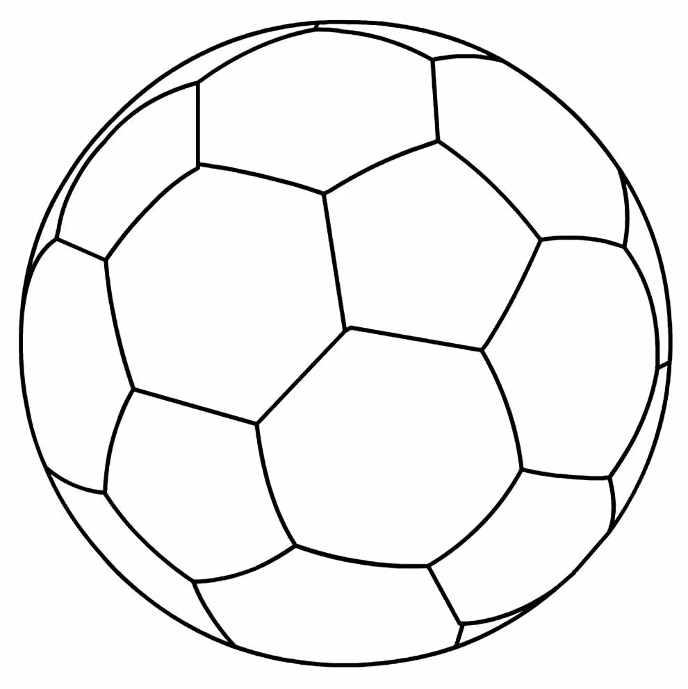 Desenho de contorno preto e branco de uma bola de futebol vista de frente, mostrando claramente o padrão de gomos geométricos.