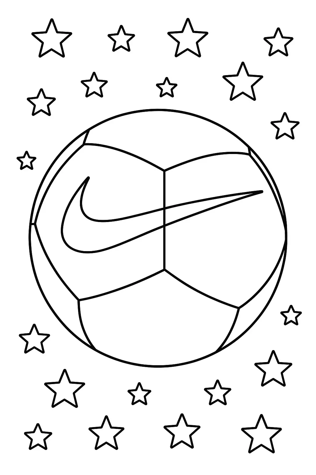 Desenho de contorno de uma bola de futebol com o símbolo da Nike no centro, rodeada por várias estrelas de cinco pontas ao fundo.