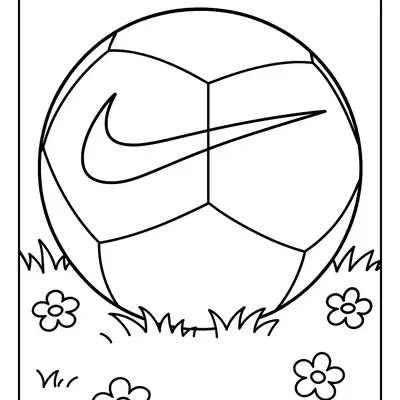 Desenho de contorno de uma bola de futebol com o logotipo da Nike, posicionada sobre grama rasteira e cercada por quatro flores de cinco pétalas.