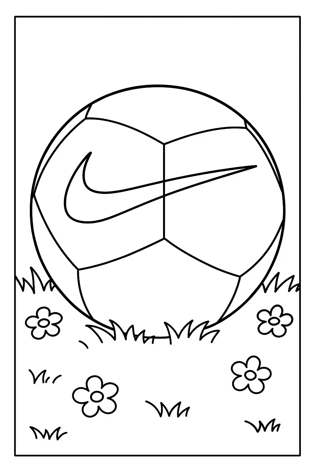 Desenho de contorno de uma bola de futebol com o logotipo da Nike, posicionada sobre grama rasteira e cercada por quatro flores de cinco pétalas.