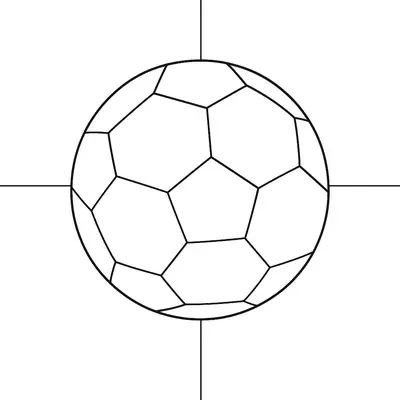 Desenho de contorno de uma bola de futebol centralizada sobre as linhas de marcação de um campo de futebol, vista de cima.