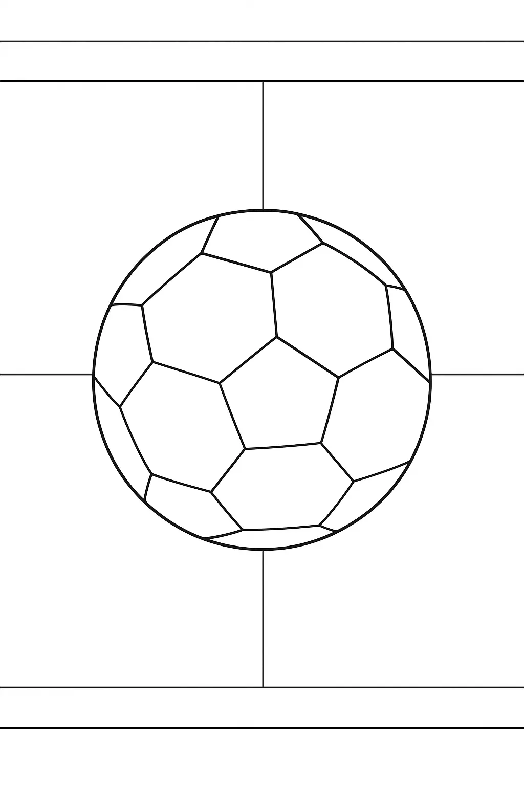 Desenho de contorno de uma bola de futebol centralizada sobre as linhas de marcação de um campo de futebol, vista de cima.