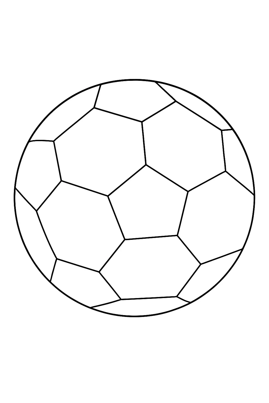 Desenho de contorno de uma bola de futebol tradicional isolada em fundo branco, com padrão geométrico de gomos.