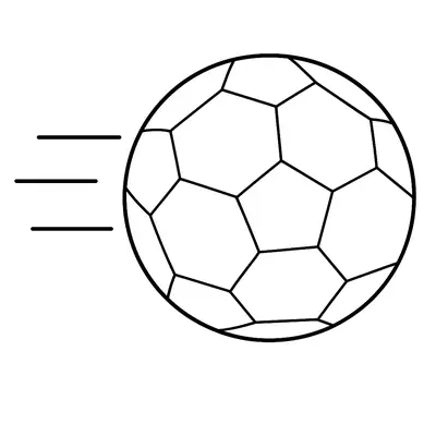 Desenho de contorno de uma bola de futebol voando horizontalmente para a direita, com três linhas de movimento retas na parte traseira.