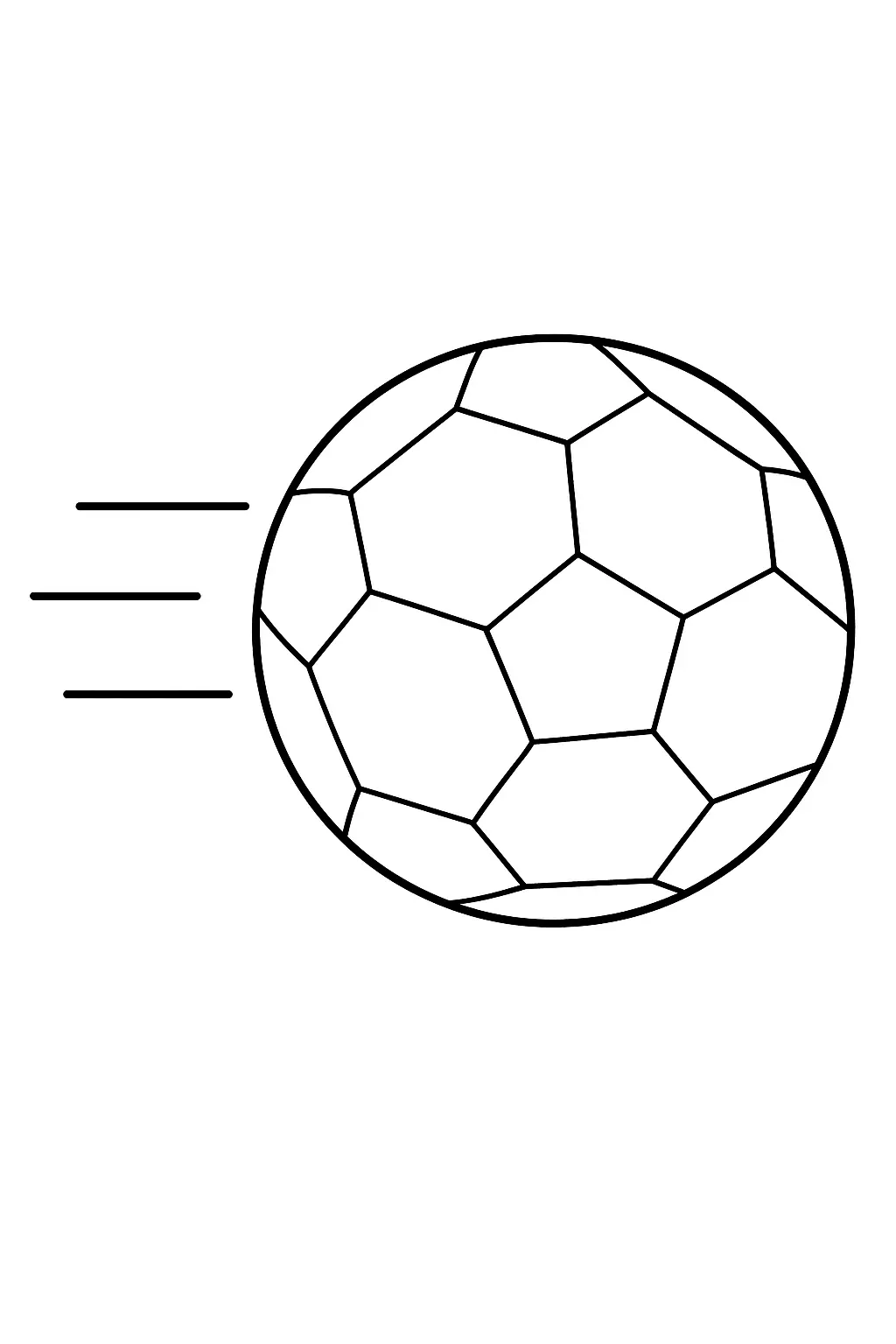 Desenho de contorno de uma bola de futebol voando horizontalmente para a direita, com três linhas de movimento retas na parte traseira.