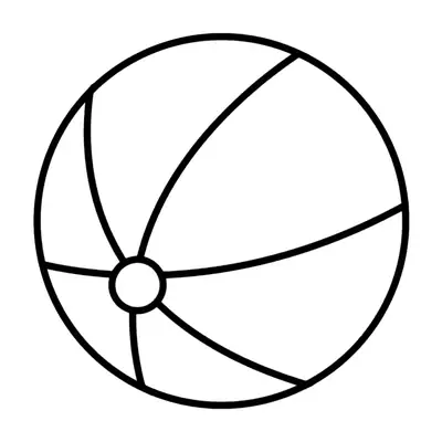 Desenho de contorno de uma bola de praia circular com seis gomos curvos convergindo para um pequeno círculo central.