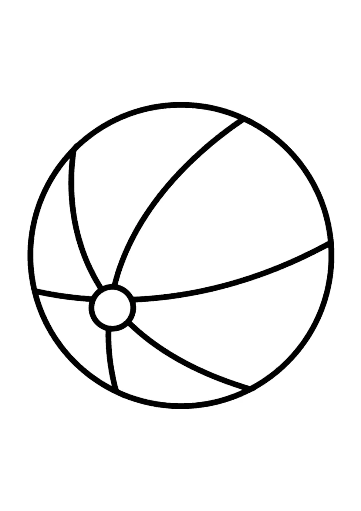Desenho de contorno de uma bola de praia circular com seis gomos curvos convergindo para um pequeno círculo central.