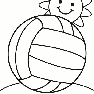 Desenho de contorno de uma bola de vôlei com gomos curvados à frente de um sol com rosto sorridente e raios triangulares.