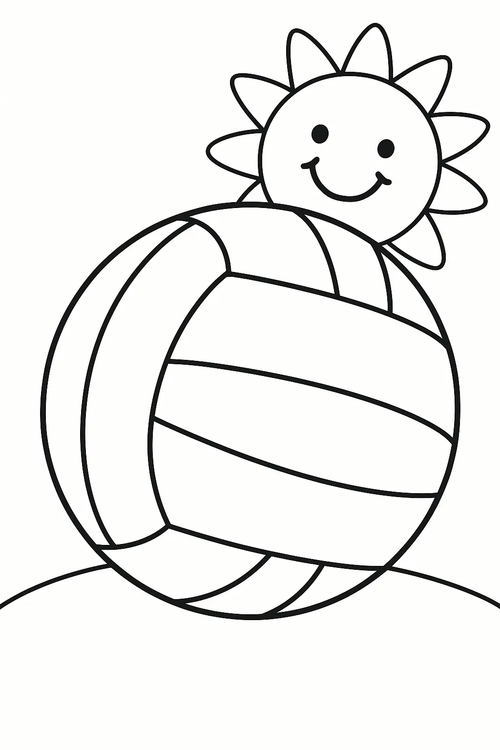 Desenho de contorno de uma bola de vôlei com gomos curvados à frente de um sol com rosto sorridente e raios triangulares.