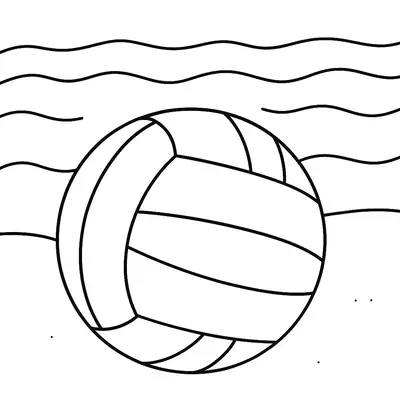 Desenho de contorno de uma bola de vôlei na areia, com três linhas onduladas ao fundo representando as ondas do mar.