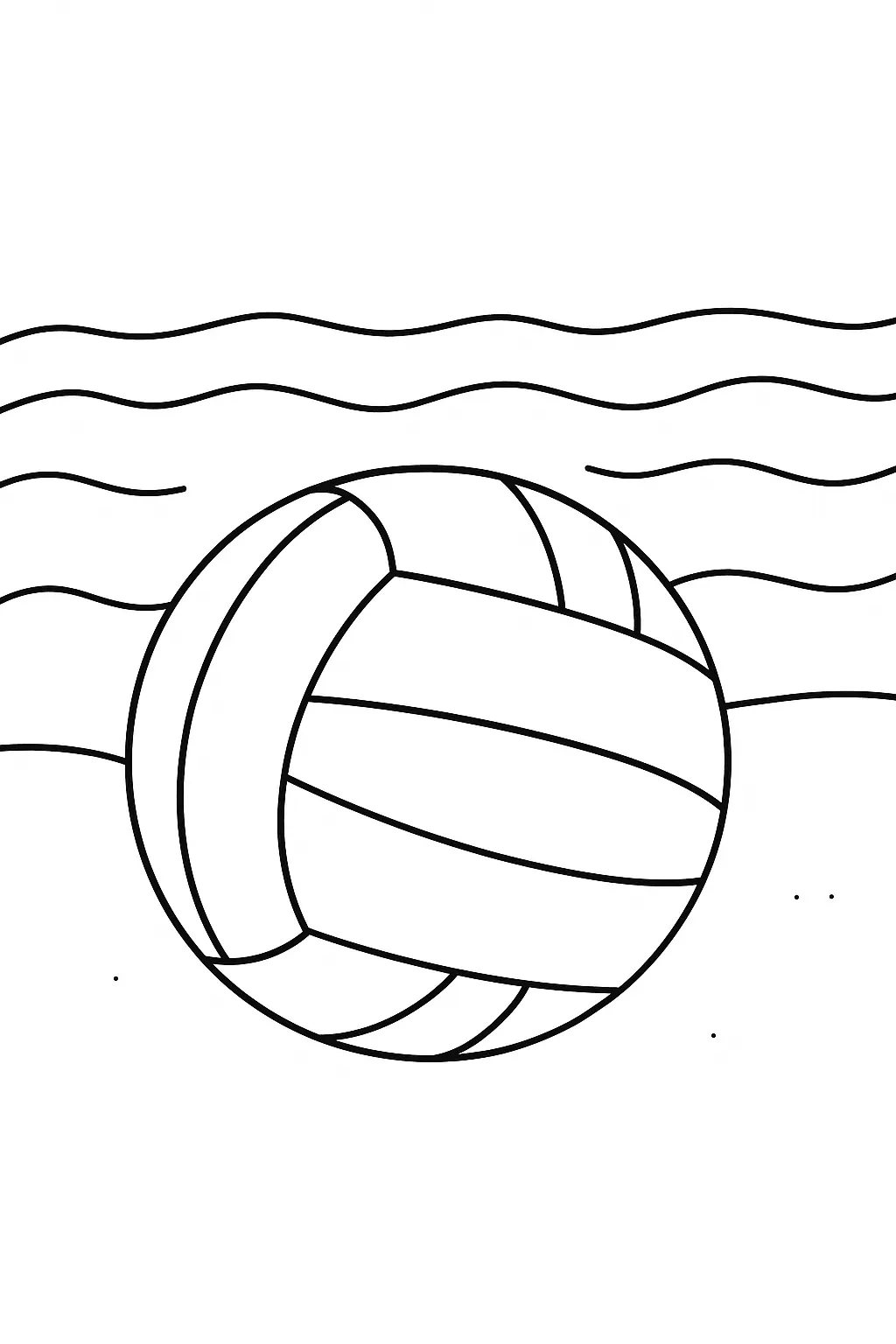 Desenho de contorno de uma bola de vôlei na areia, com três linhas onduladas ao fundo representando as ondas do mar.