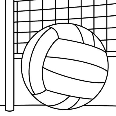 Desenho de contorno de uma bola de vôlei com gomos curvados em primeiro plano, com uma rede de vôlei quadriculada e poste ao fundo.