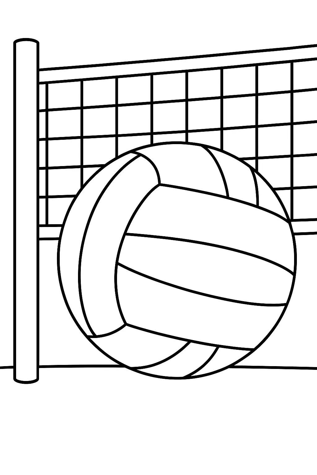 Desenho de contorno de uma bola de vôlei com gomos curvados em primeiro plano, com uma rede de vôlei quadriculada e poste ao fundo.