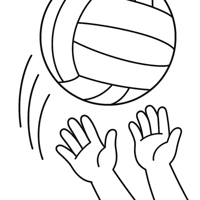Desenho de contorno de uma bola de vôlei com gomos curvados caindo em direção a duas mãos abertas, com linhas de movimento laterais.