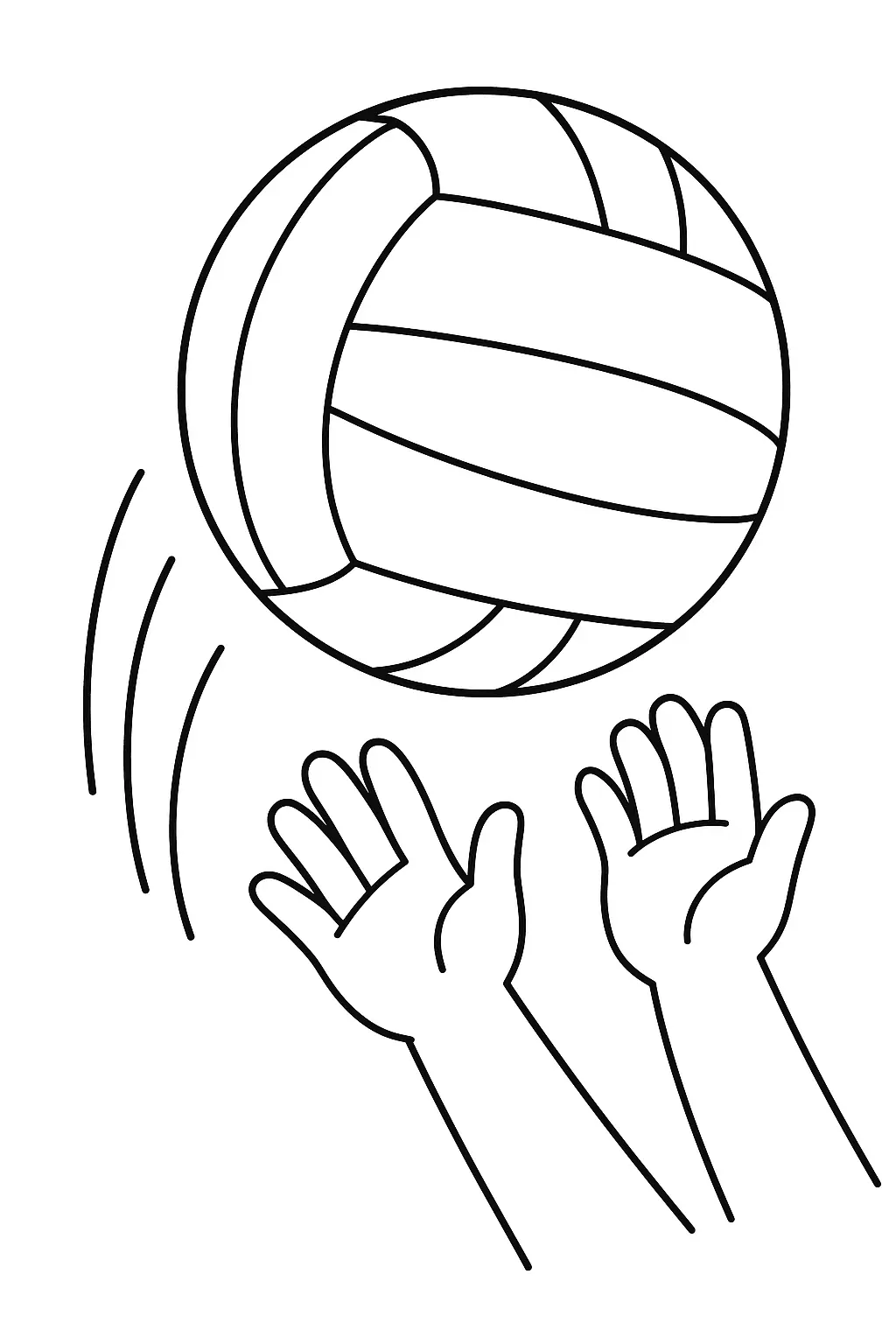 Desenho de contorno de uma bola de vôlei com gomos curvados caindo em direção a duas mãos abertas, com linhas de movimento laterais.