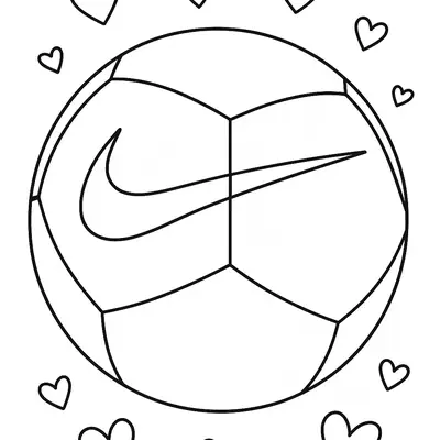Desenho de contorno de uma bola de futebol com o símbolo da Nike no centro, cercada por onze corações flutuantes de tamanhos variados.