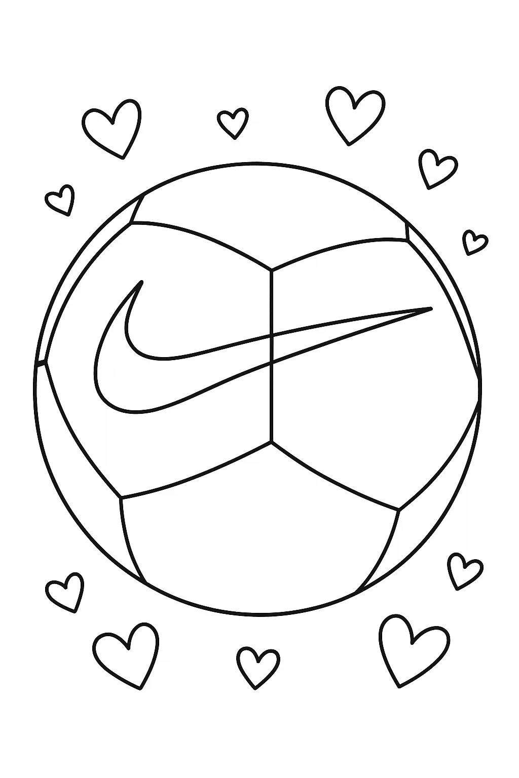 Desenho de contorno de uma bola de futebol com o símbolo da Nike no centro, cercada por onze corações flutuantes de tamanhos variados.
