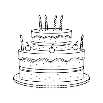 Desenho de contorno de um bolo de aniversário de duas camadas com cobertura, decorado com cerejas no topo e nas laterais, e seis velas listradas.
